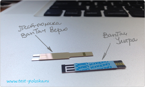 Тест-полоски ВанТач Ультра и ВанТач Верио сравнение размеров