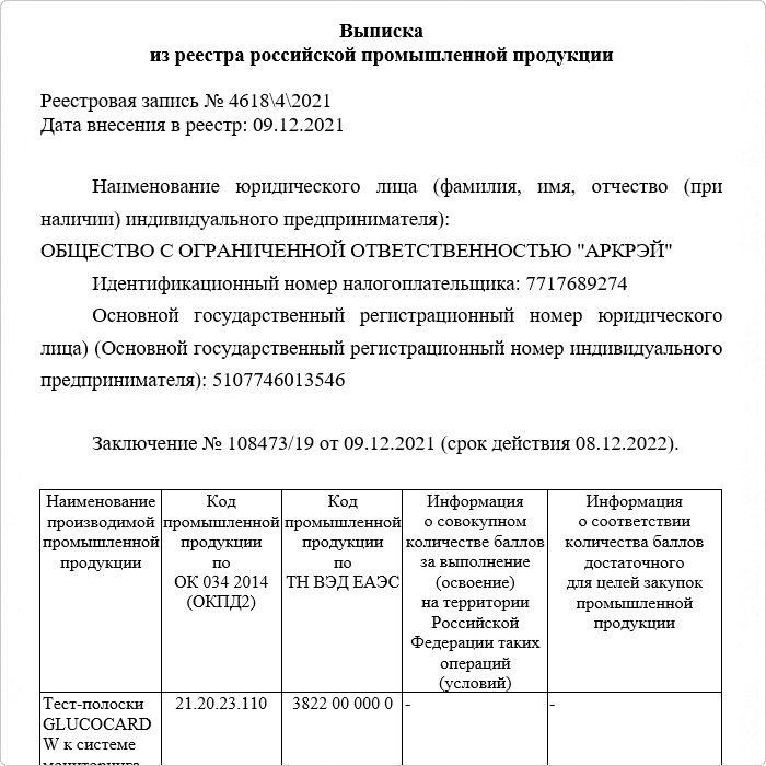 Выписка из реестра российской промышленной продукции 